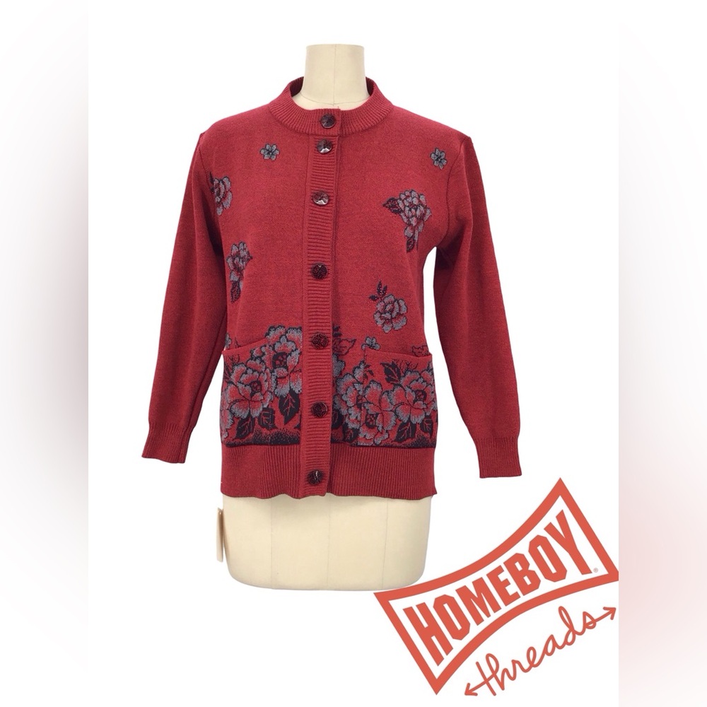 Red Cardigan Sweater with Floral Embellishments